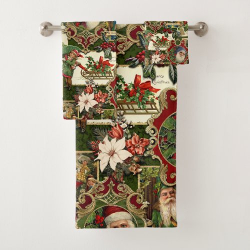 Festive Vintage Christmas Ephemera Collage_Green Bath Towel Set