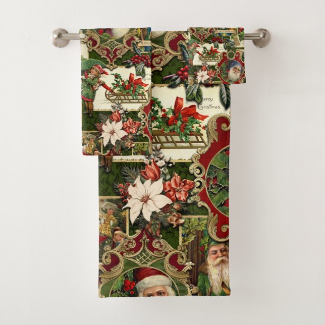 Festive Vintage Christmas Ephemera Collage-Green Bath Towel Set (Insitu)