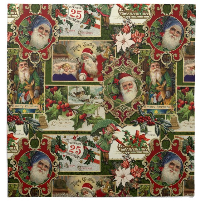 Festive Vintage Christmas Ephemera Collage-Green Cloth Napkin (Front)