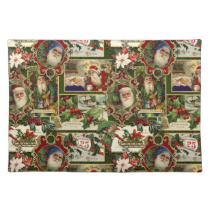 Festive Vintage Christmas Ephemera Collage-Green Cloth Placemat