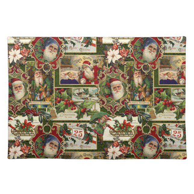 Festive Vintage Christmas Ephemera Collage-Green Cloth Placemat (Front)
