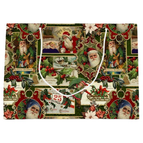 Festive Vintage Christmas Ephemera Collage_Green Large Gift Bag