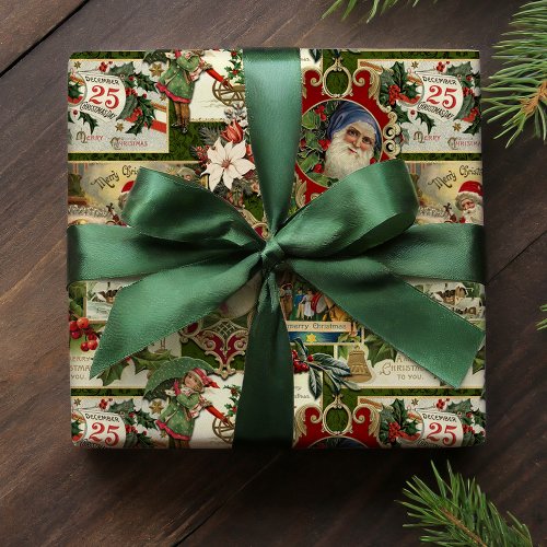 Festive Vintage Christmas Ephemera Collage_Green Wrapping Paper