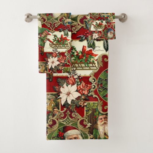 Festive Vintage Christmas Ephemera Collage_Red Bath Towel Set