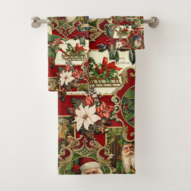 Festive Vintage Christmas Ephemera Collage-Red Bath Towel Set (Insitu)
