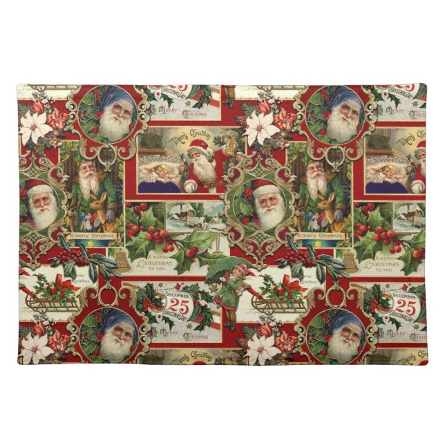 Festive Vintage Christmas Ephemera Collage-Red Cloth Placemat (Front)