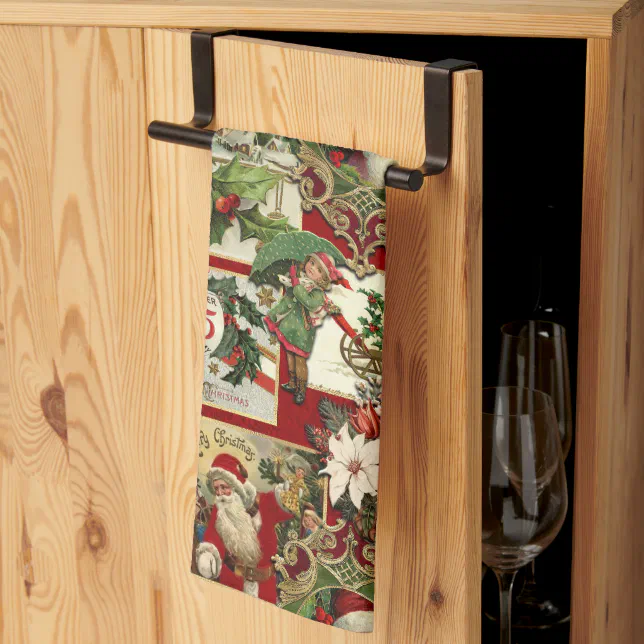Festive Vintage Christmas Ephemera Collage-Red Kitchen Towel
