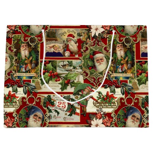 Festive Vintage Christmas Ephemera Collage_Red Large Gift Bag