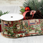 Festive Vintage Christmas Ephemera Collage-Red Satin Ribbon<br><div class="desc">Fun,  festive,  colorful and intricate holiday pattern featuring jolly old world Christmas ephemera from Victorian-era greeting cards,  including Santas in ornate frames,  holly,  mistletoe,  sleds,  winter scenes,  happy children and Merry Christmas greetings on green background.</div>