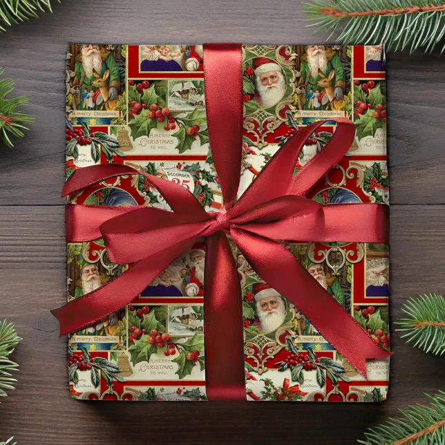 Festive Vintage Christmas Ephemera Collage-Red Wrapping Paper | Zazzle