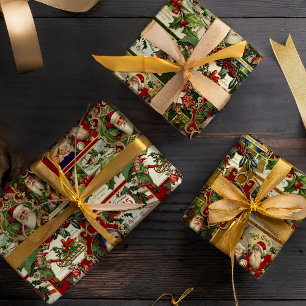 Festive Vintage Christmas Ephemera Collage Wrapping Paper Sheets
