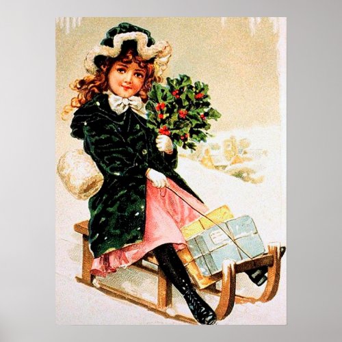 festive vintage Christmas girl Holiday Poster