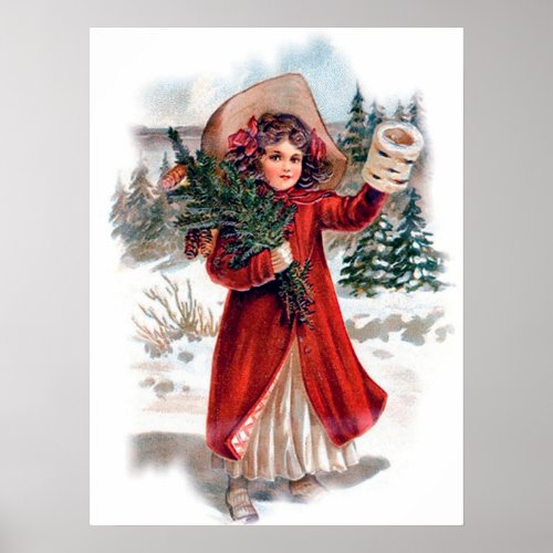 festive vintage Christmas girl Holiday Poster 