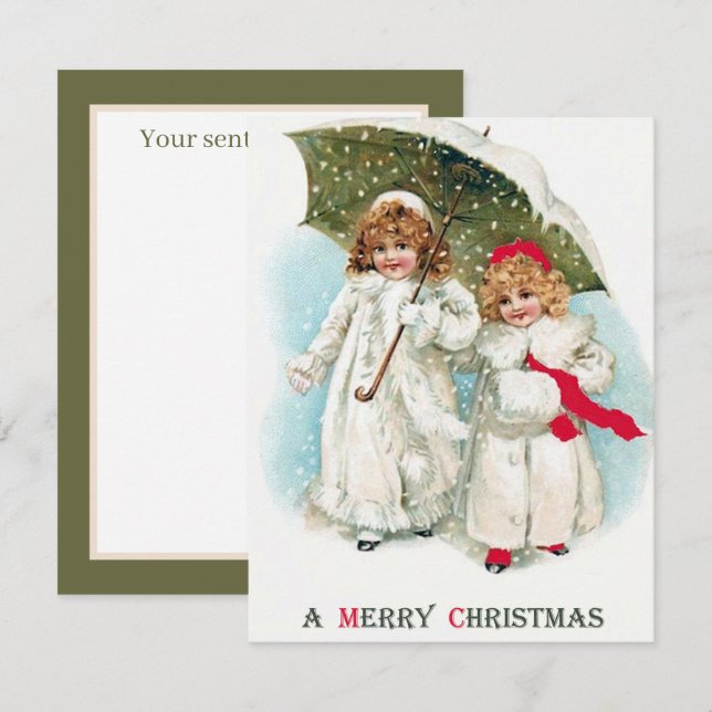 festive vintage Christmas girls add sentiment Note Card (Front/Back)