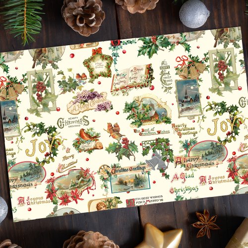 Festive Vintage Christmas Greetings Collage_Ecru  Tissue Paper