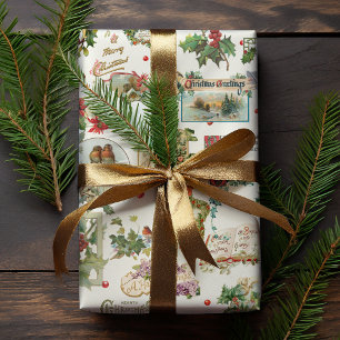 Festive Vintage Christmas Greetings Collage-Ecru Wrapping Paper