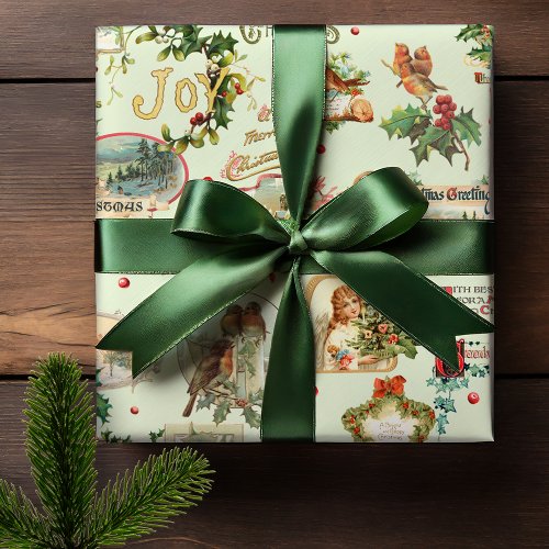 Festive Vintage Christmas Greetings Collage_Green Wrapping Paper
