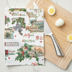 Festive Vintage Christmas Greetings Collage-White Kitchen Towel