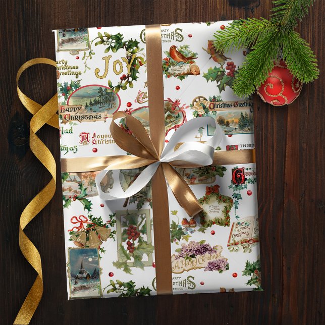 Festive Vintage Christmas Greetings Collage-White  Wrapping Paper (Creator Uploaded)