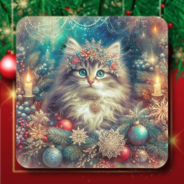 Festive Vintage Christmas Kitty Square Sticker (Creator Uploaded)