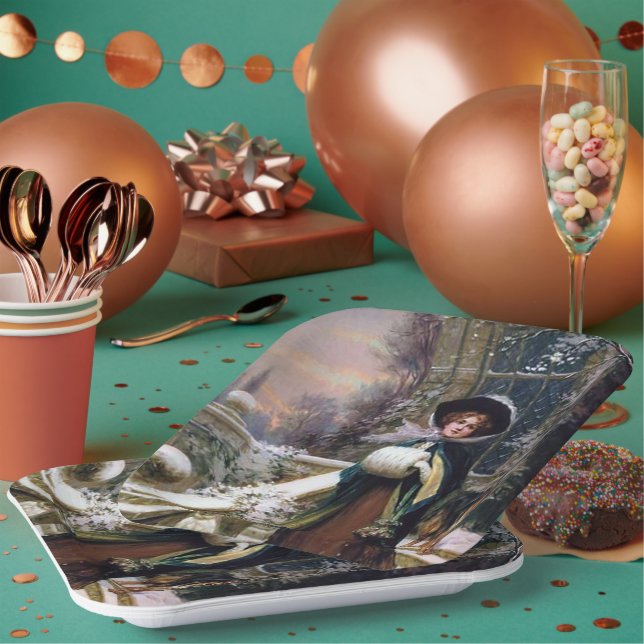 festive vintage Christmas lady Holiday party Paper Plates (Multi)