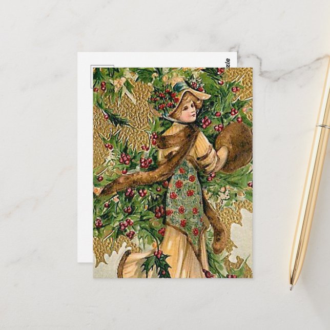 festive vintage Christmas lady  Postcard (Front/Back In Situ)