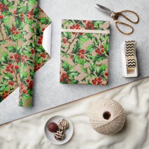 Festive Vintage Christmas Red Holly Berries Kraft Wrapping Paper