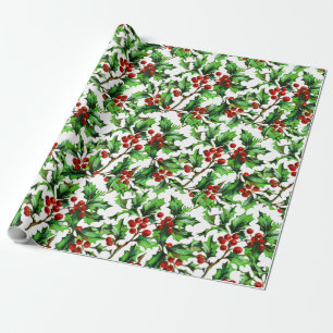 Festive Vintage Christmas Red Holly Berries Wrapping Paper
