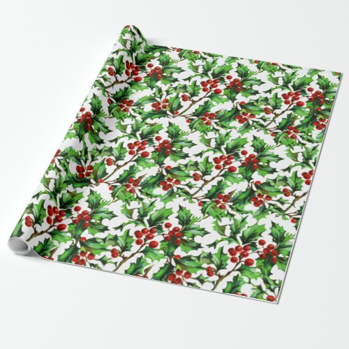 Festive Vintage Christmas Red Holly Berries   Wrapping Paper