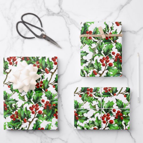 Festive Vintage Christmas Red Holly Berries Wrapping Paper Sheets