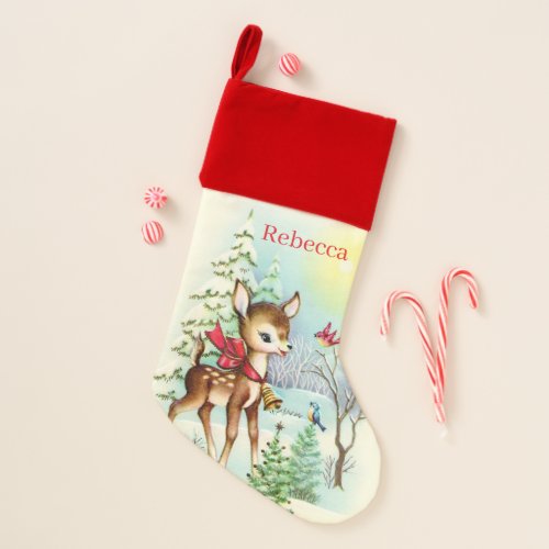Festive vintage Christmas reindeer add name Christmas Stocking