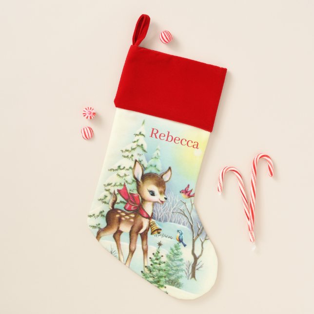 Festive vintage Christmas reindeer add name Christmas Stocking (Front)