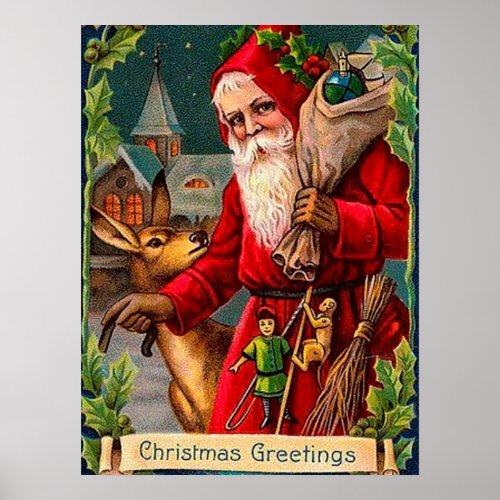 festive vintage Christmas Santa Holiday Poster