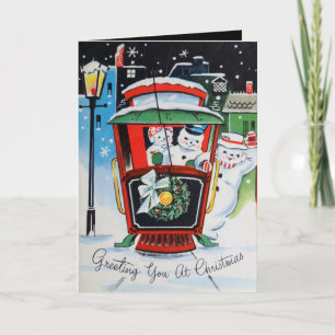Festive Vintage Christmas snowmen add message Holiday Card