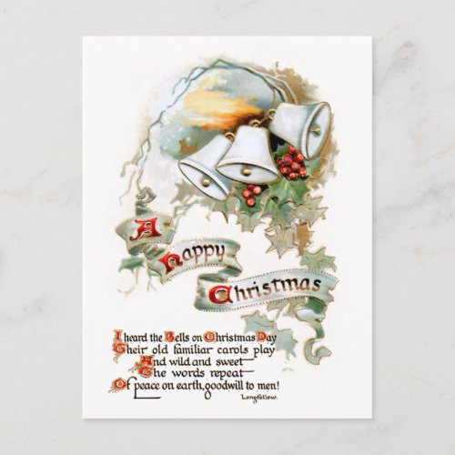 Festive Vintage Christmas Text Bells and Holly Postcard