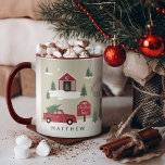 Festive Vintage Christmas Tree Farm Personalized Mug<br><div class="desc">Celebrate the magical and festive holiday season with our custom holiday mug. Our vintage holiday design features a Christmas tree farm scenery, this Christmas pattern incorporates a farm Christmas scene featuring a farmhouse, red barn, signs, children playing and throwing snowballs, Christmas trees and horses, and a wagon. Customize with your...</div>