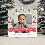 Festive Vintage Christmas Tree Farm Photo Ceramic  Metal Ornament<br><div class="desc">Celebrate the magical and festive holiday season with our custom holiday photo ornament. Our vintage holiday design features a Christmas tree farm scenery, this Christmas pattern incorporates a farm Christmas scene featuring a farmhouse, a red barn, children playing and throwing snowballs, Christmas trees, and a red vintage truck. Customize with...</div>
