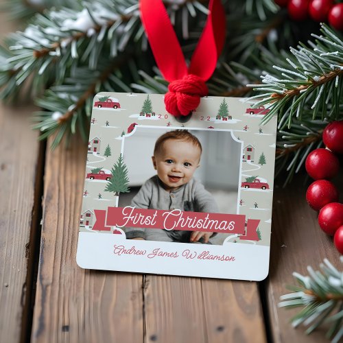 Festive Vintage Christmas Tree Farm Photo Ceramic  Metal Ornament
