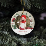 Festive Vintage Christmas Tree Farm Photo Ceramic Ornament<br><div class="desc">Celebrate the magical and festive holiday season with our custom holiday photo ornament. Our vintage holiday design features a Christmas tree farm scenery, this Christmas pattern incorporates a farm Christmas scene featuring a farmhouse, a red barn, children playing and throwing snowballs, Christmas trees, and a red vintage truck. All artwork...</div>