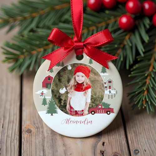 Festive Vintage Christmas Tree Farm Photo Ceramic Ornament