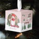 Festive Vintage Christmas Tree Farm Photo Cube Ornament<br><div class="desc">Celebrate the magical and festive holiday season with our custom holiday photo cube ornament. Our vintage holiday design features a Christmas tree farm scenery, this Christmas pattern incorporates a farm Christmas scene featuring a farmhouse, a red barn, children playing and throwing snowballs, Christmas trees, and a red vintage truck. Customize...</div>