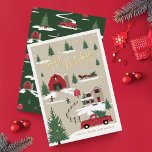 Festive Vintage Christmas Tree Farm Red Truck Foil Holiday Card<br><div class="desc">Celebrate the magical and festive holiday season with our custom holiday photo holiday card. Our vintage holiday design features a Christmas tree farm scenery, this Christmas pattern incorporates a farm Christmas scene featuring a farmhouse, a red barn, children playing and throwing snowballs, Christmas trees, and a red vintage truck. All...</div>