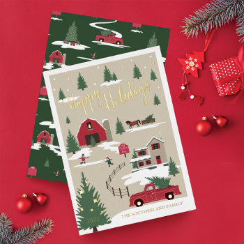 Festive Vintage Christmas Tree Farm Red Truck Foil Holiday Card by moodthology at Zazzle