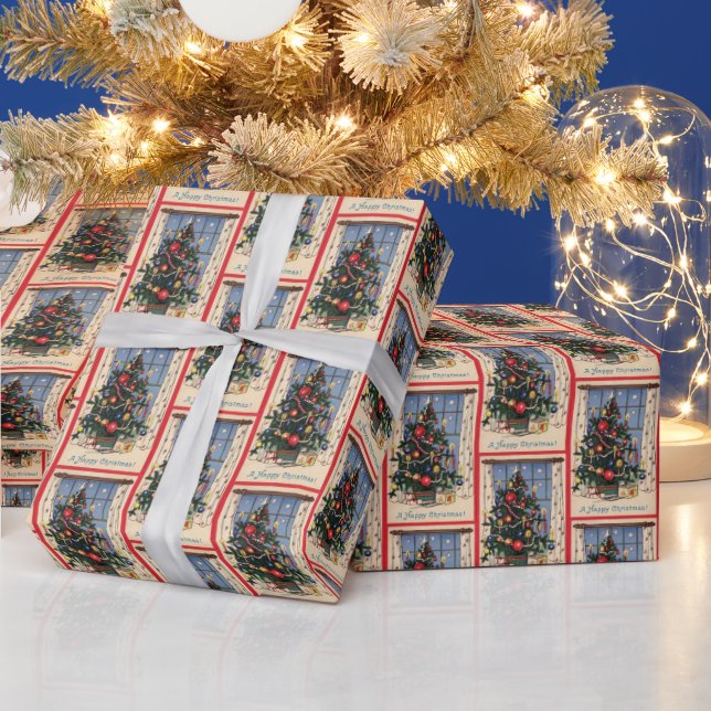 festive vintage Christmas tree tiled pattern  Wrapping Paper (Holidays)
