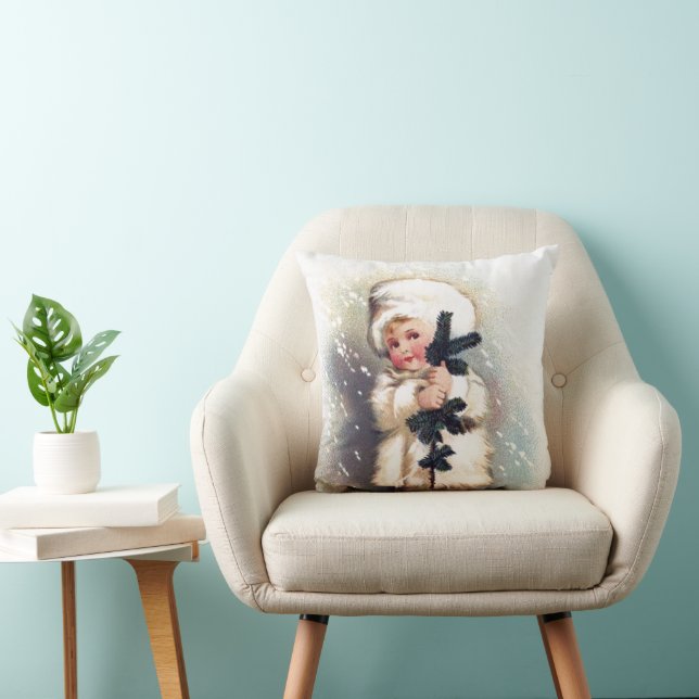festive vintage Christmas Winter Child Holiday  Throw Pillow (Chair)