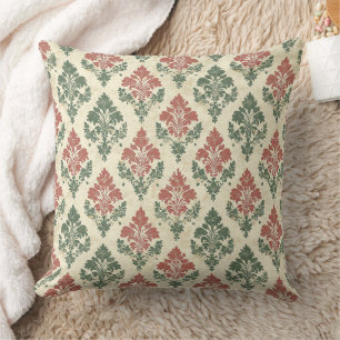 Festive Vintage Damask Red Green Beige Throw Pillow