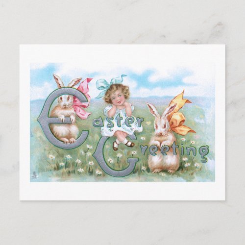 Festive Vintage Easter Bunnies Child  Greeting Postcard