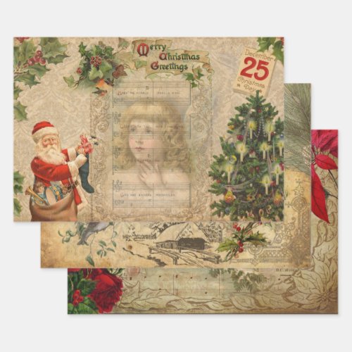 Festive Vintage Floral Ephemera Collage Wrapping Paper Sheets