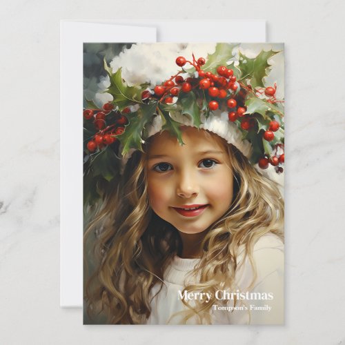 Festive Vintage girl with holly berry smiling Holiday Card