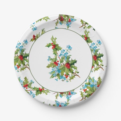 Festive Vintage Holly and Blue Forget Me Nots Paper Plates